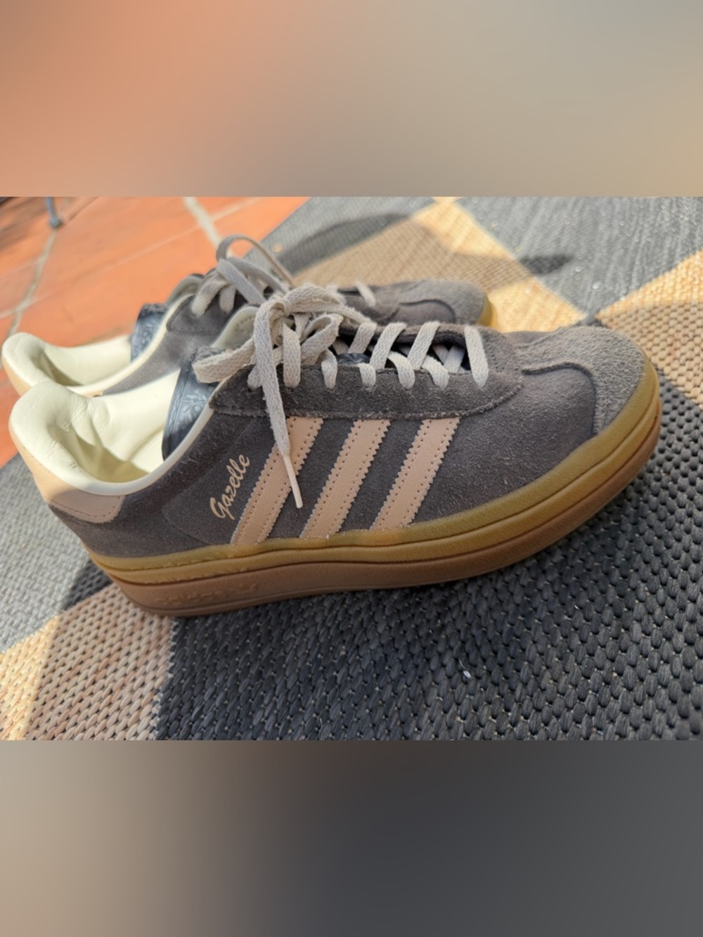 adidas Gazelle Suede Sneakers in Grey with Pink Stripes and Gum Sole